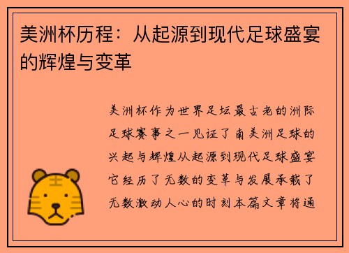 美洲杯历程：从起源到现代足球盛宴的辉煌与变革